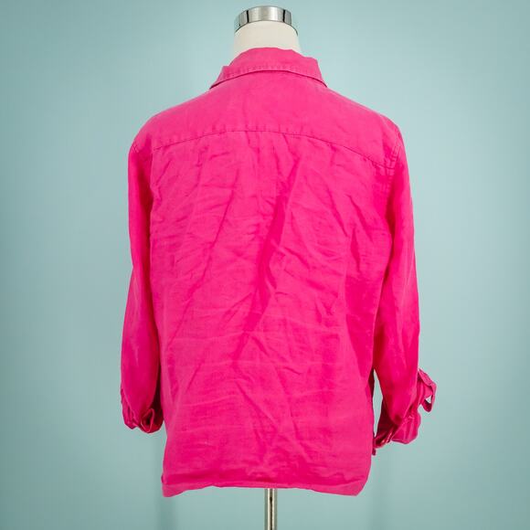 Talbots Size large L Pink Collared Button Long Tab Sleeve 100% Linen Top - Picture 3 of 6